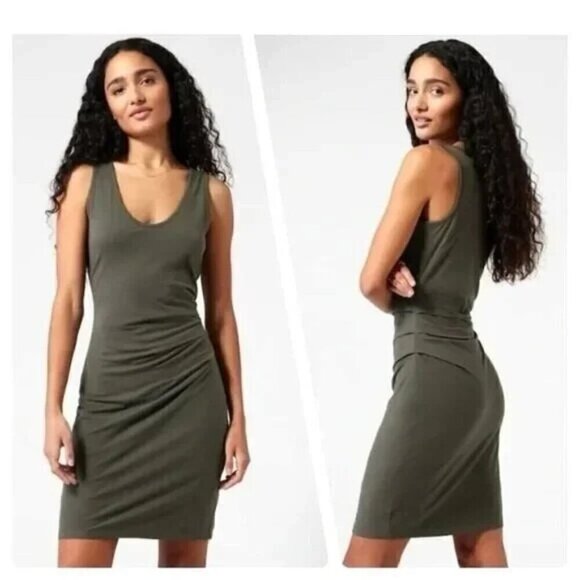 Athleta NWT Della Fitted Green Sleeveless Ruched‎ Side Dress Size Medium - Picture 2 of 9